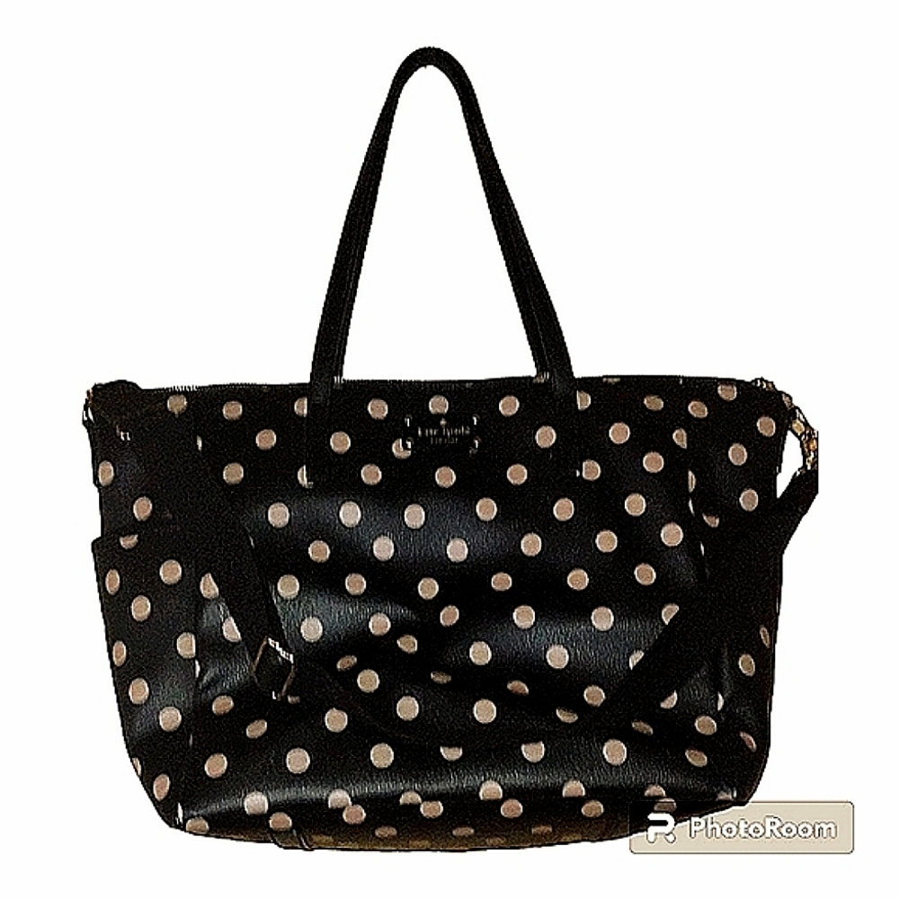 Kate Spade tan and black polka dot diaper bag with clip on strap (slightly used)